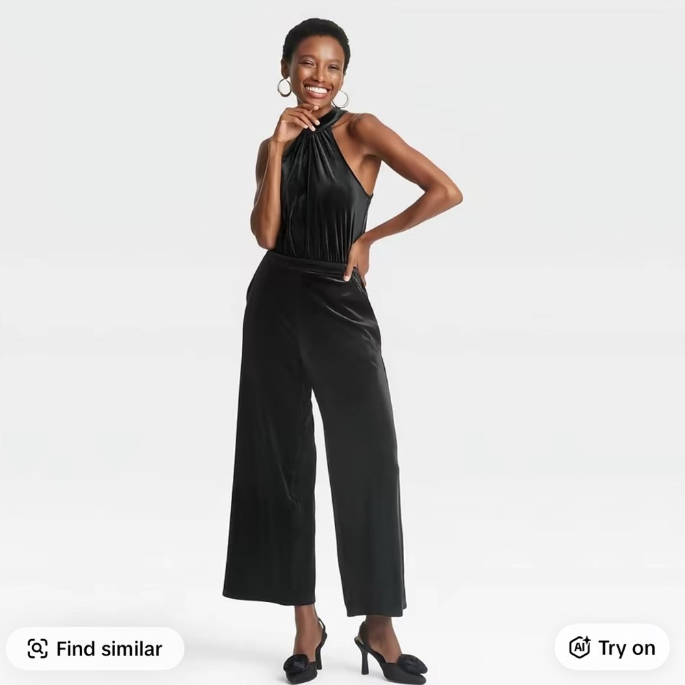 A New Day Elegant Velvet High Neck Black Jumpsuit with pockets size L